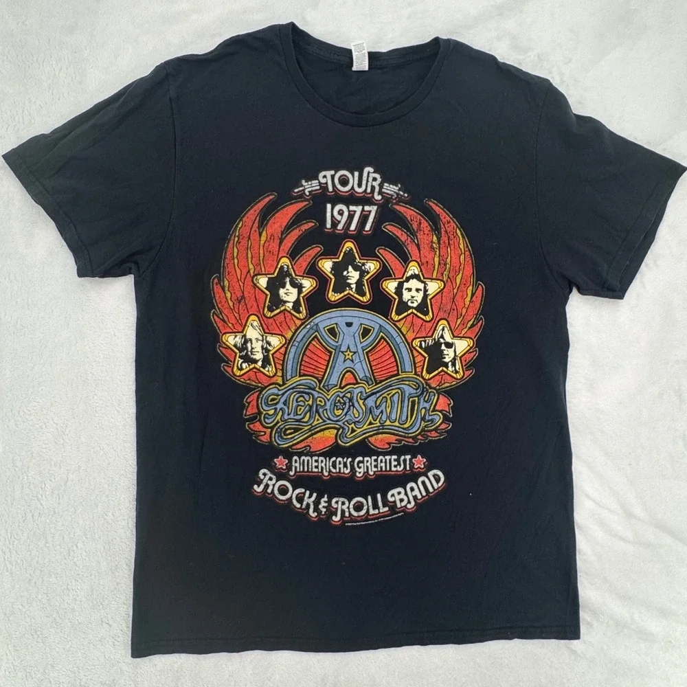 Aerosmith 1977 Tour Graphic T-Shirt Size Large Black Fruit of the Loom Sofspun